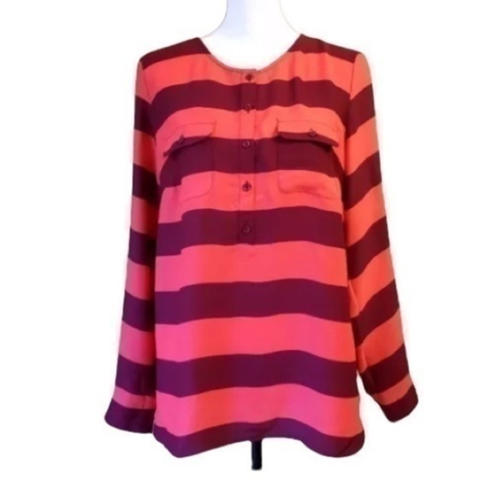 New! LOFT Long Sleeve Orange & Red Striped Crew Neckline Blouse